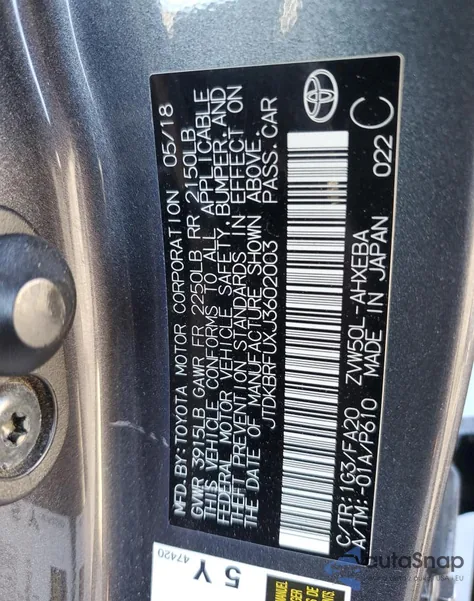 2018 Toyota Prius from USA, damaged, VIN JTDKBRFUXJ3602003